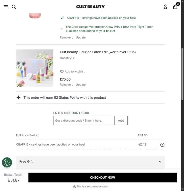 Cult Beauty checkout page showing Cult Beauty promo code box | Screenshot taken by SimplyCodes community member on May 22, 2025