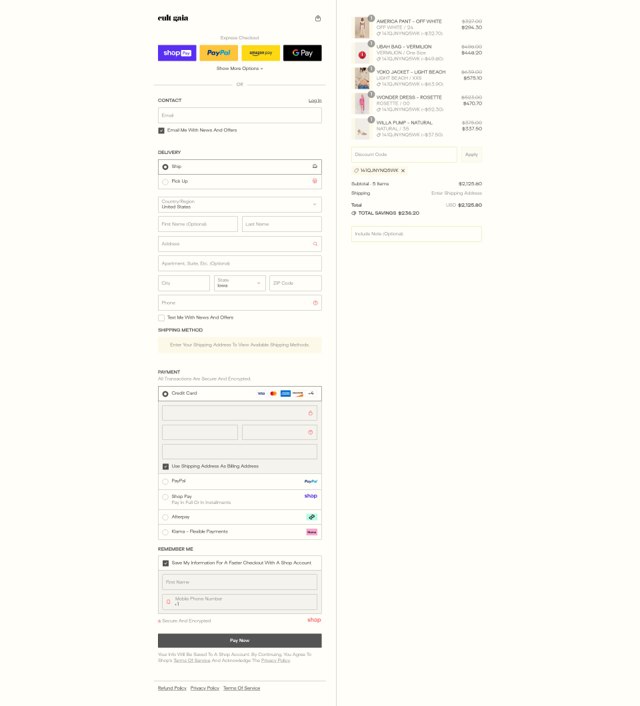 Cult Gaia checkout page showing Cult Gaia promo code box | Screenshot taken by SimplyCodes community member on Aug 24, 2025
