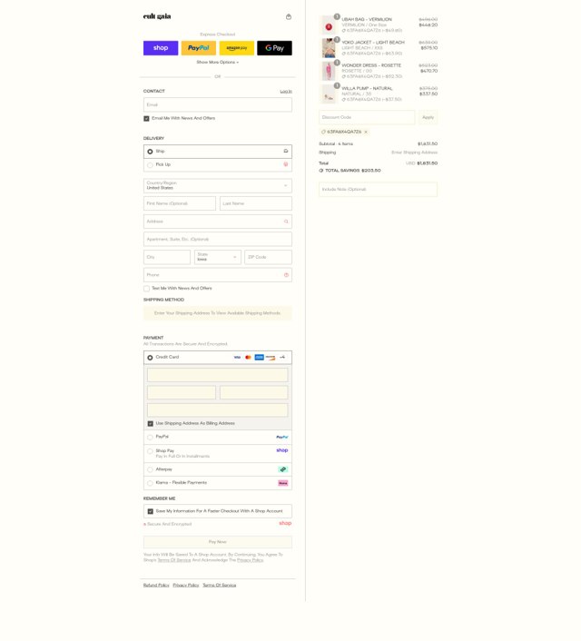 Cult Gaia checkout page showing Cult Gaia promo code box | Screenshot taken by SimplyCodes community member on Aug 28, 2025