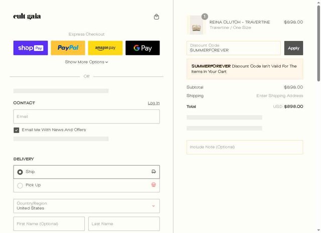 Cult Gaia checkout page showing Cult Gaia promo code box | Screenshot taken by SimplyCodes community member on Aug 28, 2025