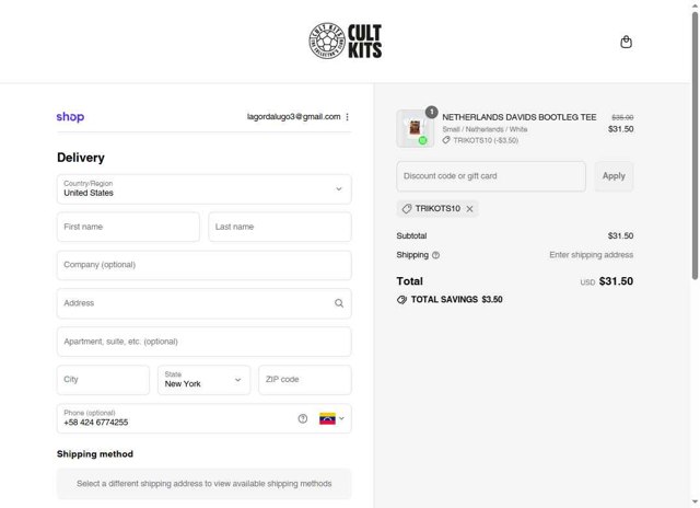 Cult Kits checkout page showing Cult Kits discount code box | Screenshot taken by SimplyCodes community member on Aug 29, 2025