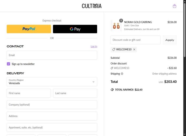 CULT MIA checkout page showing CULT MIA promo code box | Screenshot taken by SimplyCodes community member on May 15, 2025