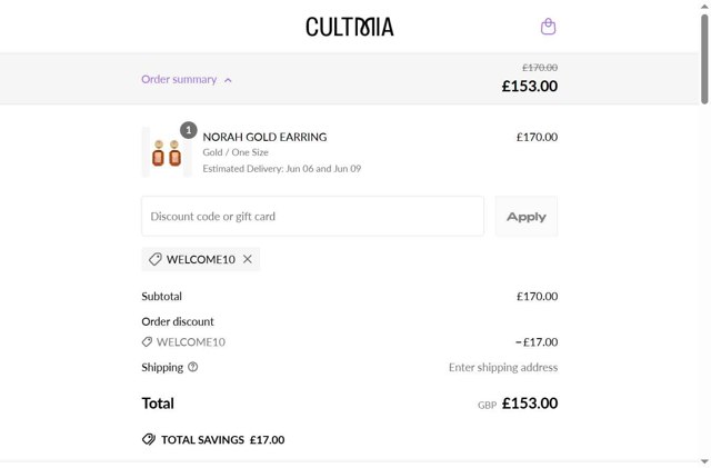 CULT MIA checkout page showing CULT MIA promo code box | Screenshot taken by SimplyCodes community member on May 15, 2025