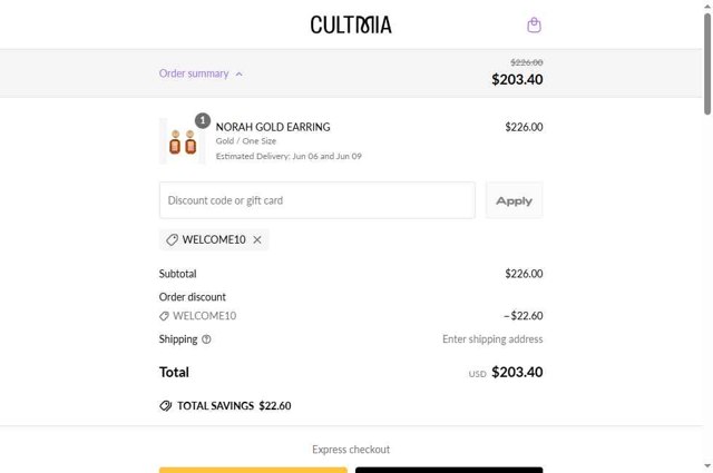 CULT MIA checkout page showing CULT MIA promo code box | Screenshot taken by SimplyCodes community member on May 15, 2025