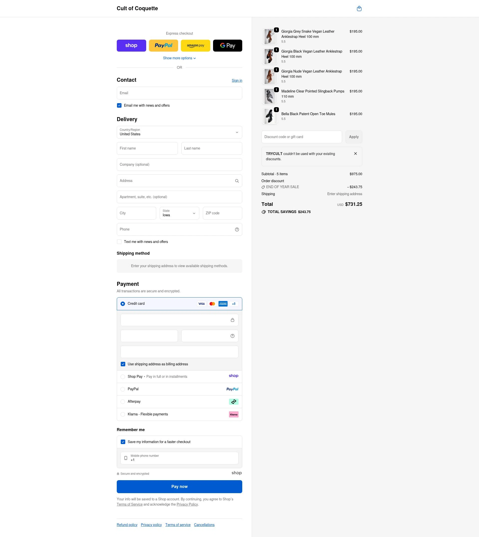Cult of Coquette checkout page showing Cult of Coquette discount code box | Screenshot taken by SimplyCodes community member on Jan 2, 2026