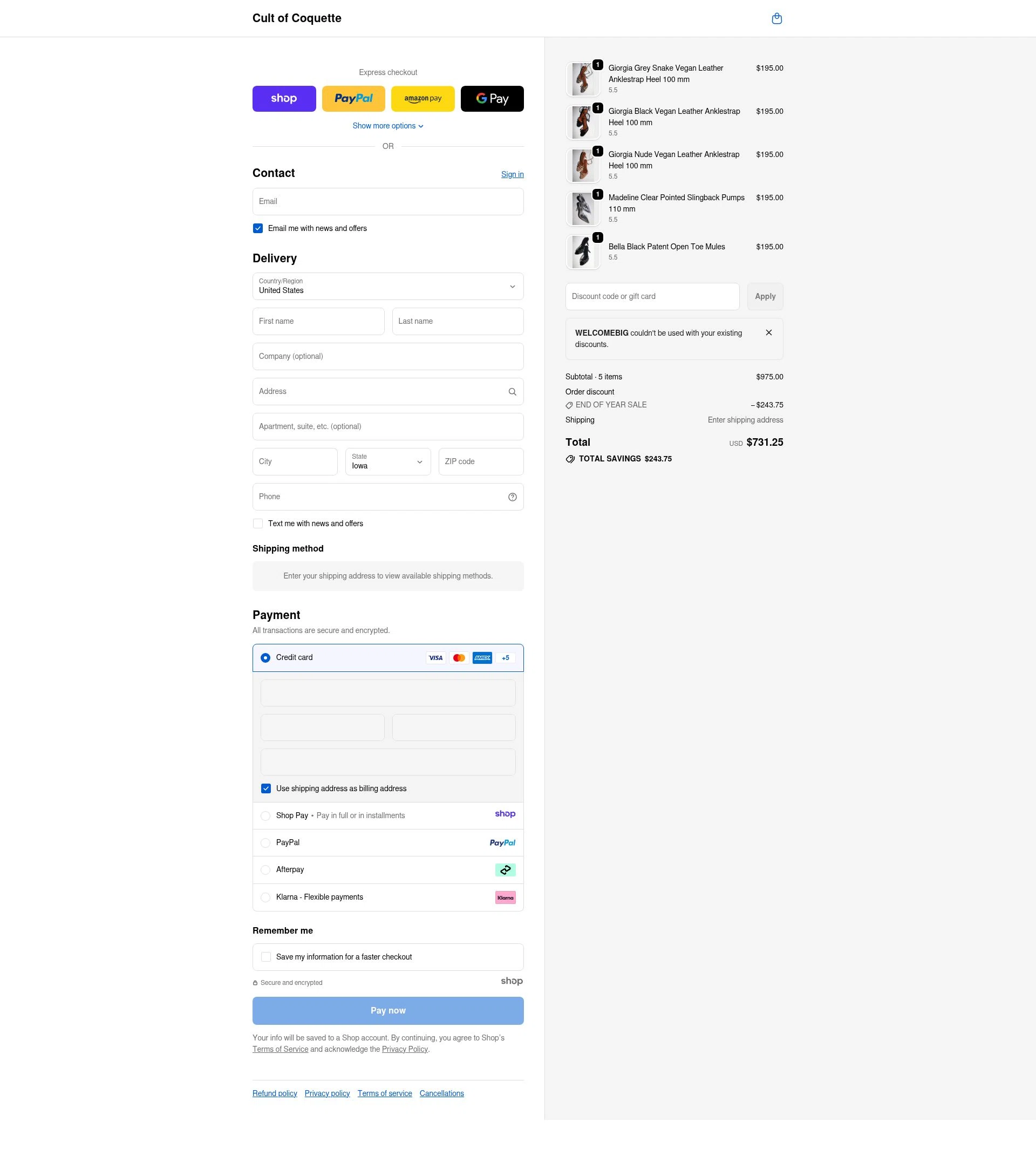 Cult of Coquette checkout page showing Cult of Coquette discount code box | Screenshot taken by SimplyCodes community member on Jan 2, 2026