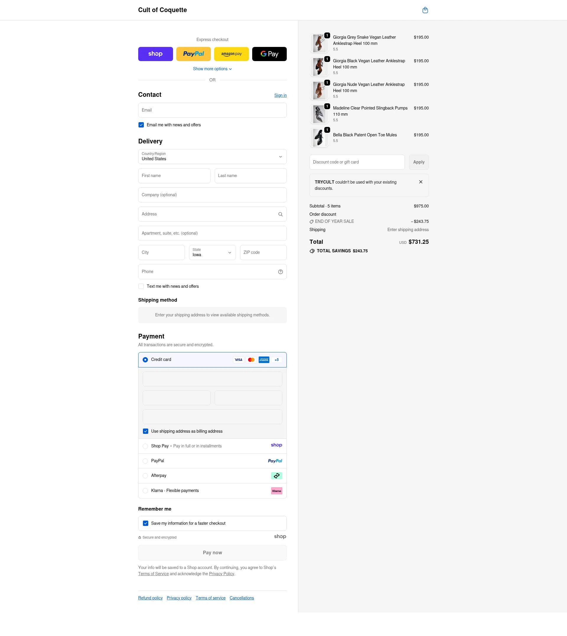 Cult of Coquette checkout page showing Cult of Coquette discount code box | Screenshot taken by SimplyCodes community member on Dec 28, 2025