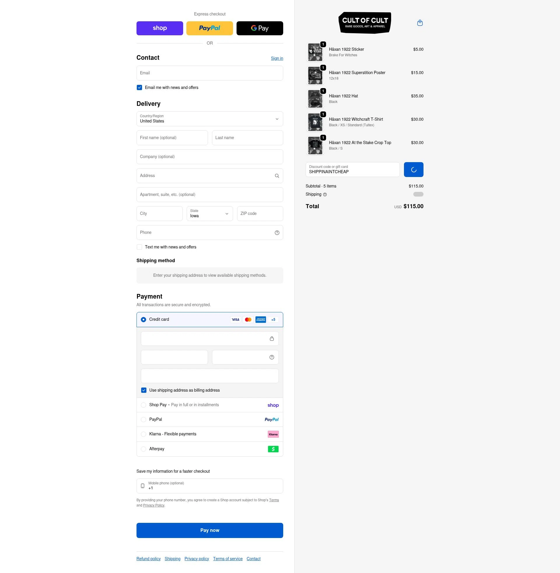 Cult of Cult checkout page showing Cult of Cult discount code box | Screenshot taken by SimplyCodes community member on Feb 13, 2026