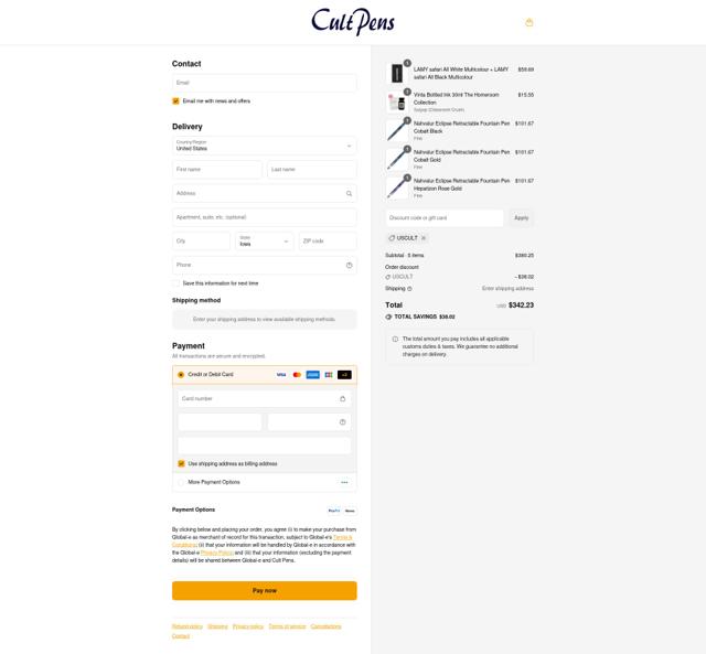 Cult Pens checkout page showing Cult Pens discount code box | Screenshot taken by SimplyCodes community member on Aug 27, 2025