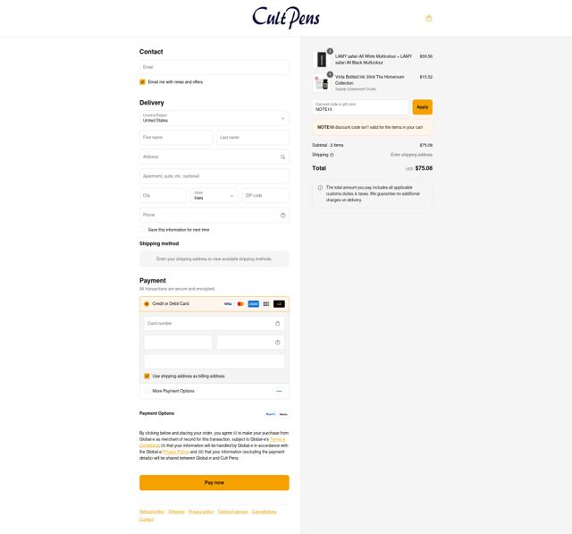 Cult Pens checkout page showing Cult Pens discount code box | Screenshot taken by SimplyCodes community member on Sep 4, 2025