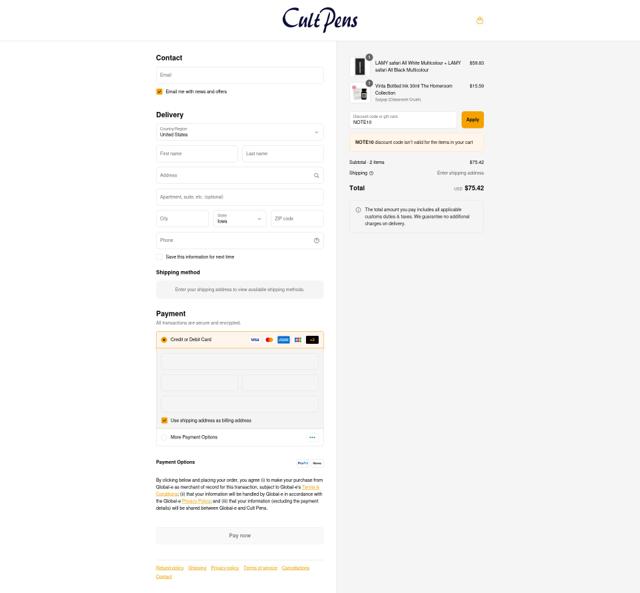 Cult Pens checkout page showing Cult Pens discount code box | Screenshot taken by SimplyCodes community member on Aug 31, 2025