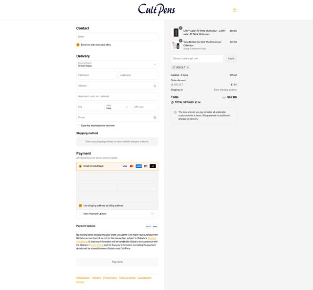 Cult Pens checkout page showing Cult Pens discount code box | Screenshot taken by SimplyCodes community member on Aug 31, 2025