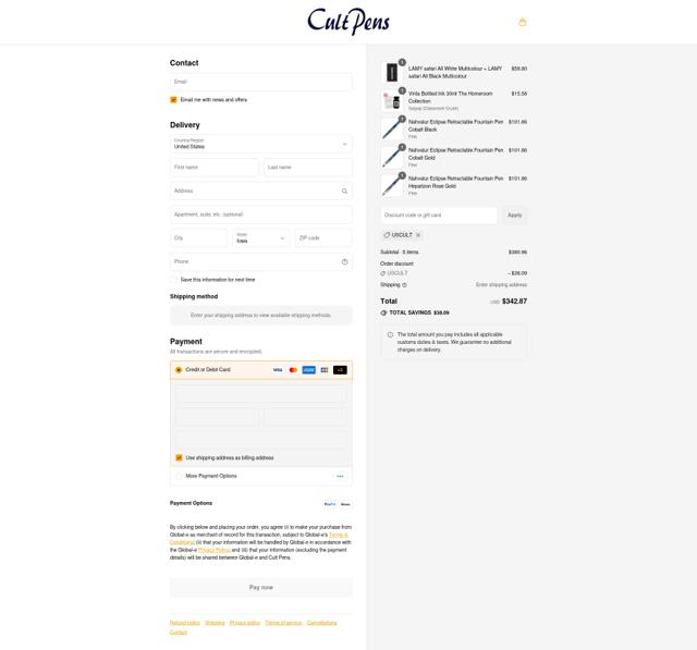 Cult Pens checkout page showing Cult Pens discount code box | Screenshot taken by SimplyCodes community member on Sep 8, 2025
