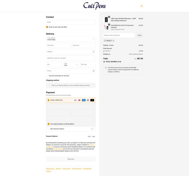 Cult Pens checkout page showing Cult Pens discount code box | Screenshot taken by SimplyCodes community member on Sep 4, 2025