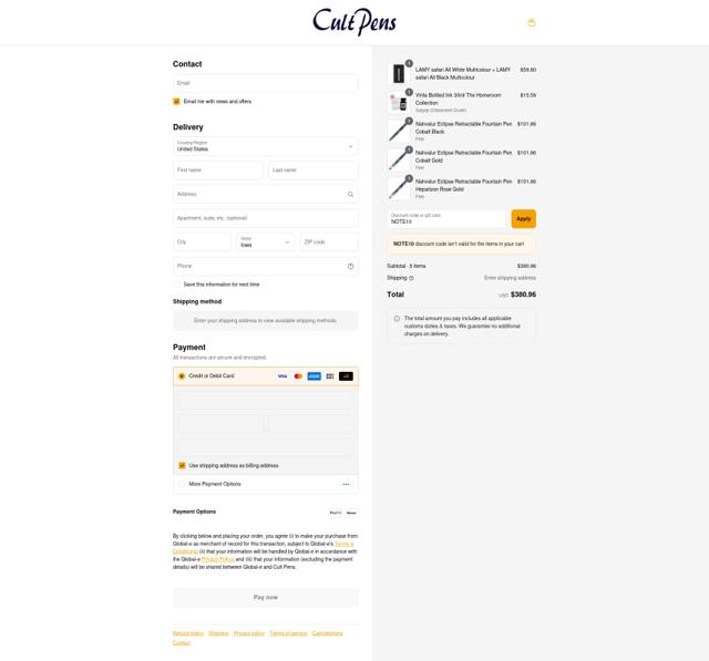Cult Pens checkout page showing Cult Pens discount code box | Screenshot taken by SimplyCodes community member on Sep 8, 2025