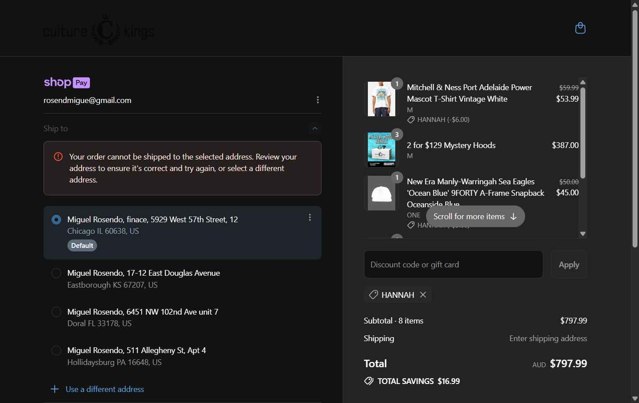 Culture Kings checkout page showing Culture Kings promo code box | Screenshot taken by SimplyCodes community member on Jul 11, 2025