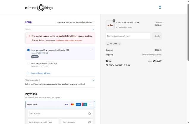 Culture Kings checkout page showing Culture Kings promo code box | Screenshot taken by SimplyCodes community member on Sep 5, 2025
