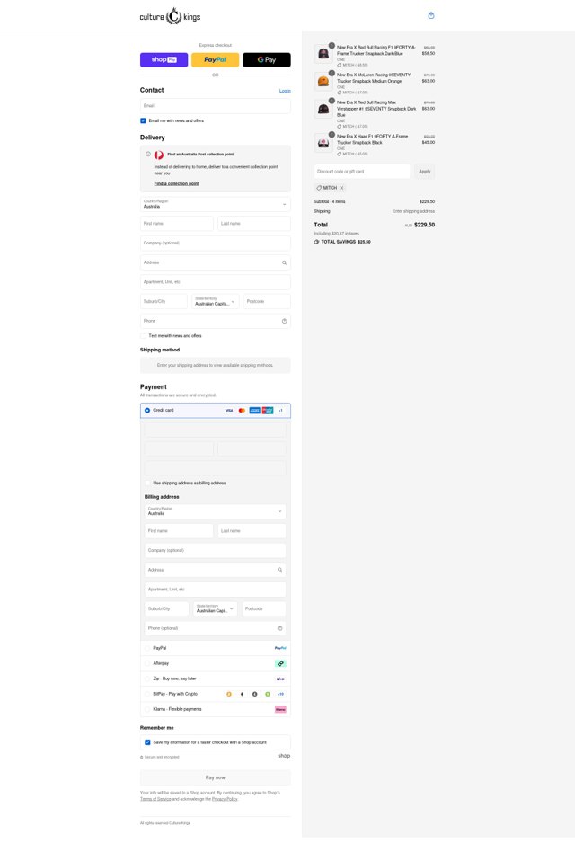 Culture Kings checkout page showing Culture Kings promo code box | Screenshot taken by SimplyCodes community member on Aug 19, 2025