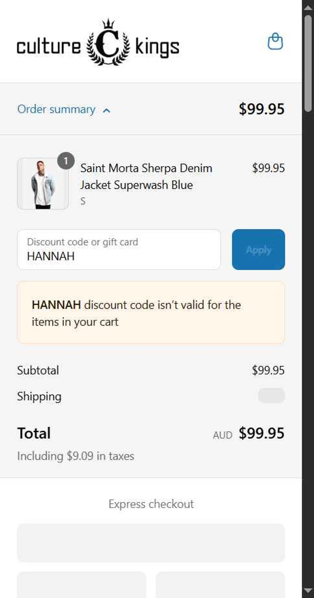 Culture Kings checkout page showing Culture Kings promo code box | Screenshot taken by SimplyCodes community member on Jul 1, 2025