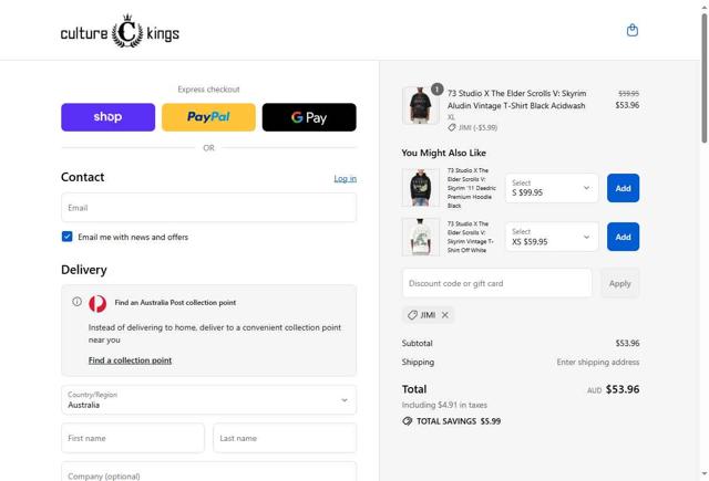 Culture Kings checkout page showing Culture Kings promo code box | Screenshot taken by SimplyCodes community member on Sep 5, 2025
