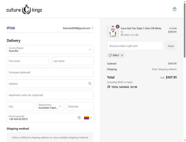 Culture Kings checkout page showing Culture Kings promo code box | Screenshot taken by SimplyCodes community member on Sep 5, 2025