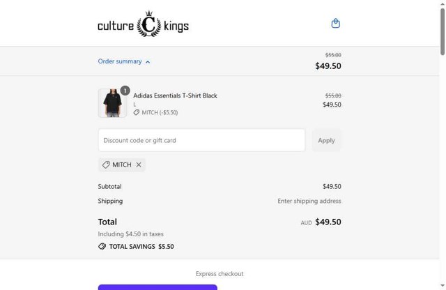 Culture Kings checkout page showing Culture Kings promo code box | Screenshot taken by SimplyCodes community member on Aug 21, 2025
