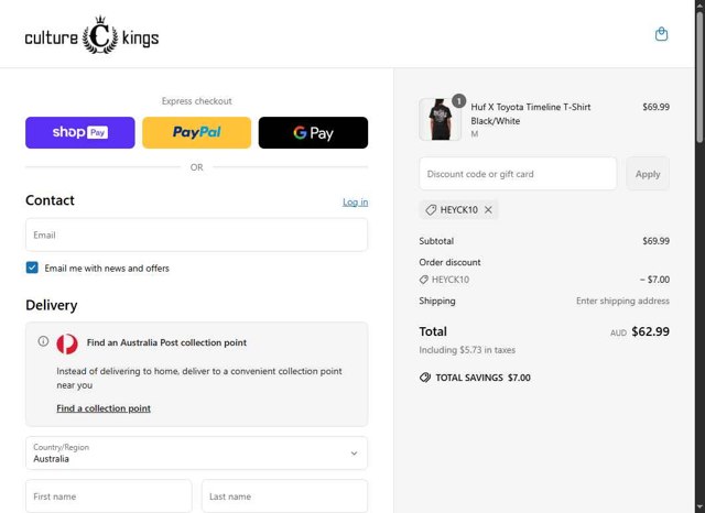Culture Kings checkout page showing Culture Kings promo code box | Screenshot taken by SimplyCodes community member on Jun 7, 2025