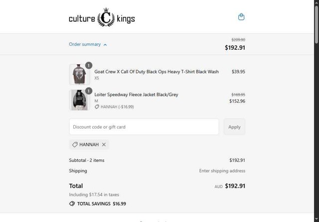 Culture Kings checkout page showing Culture Kings promo code box | Screenshot taken by SimplyCodes community member on Aug 12, 2025