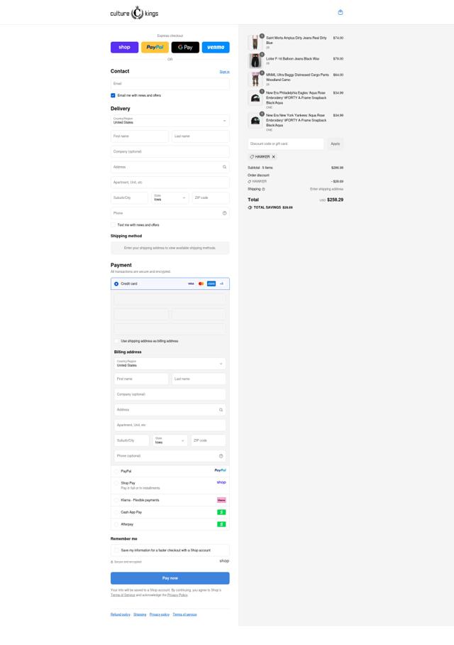 Culture Kings US checkout page showing Culture Kings US promo code box | Screenshot taken by SimplyCodes community member on Sep 15, 2025