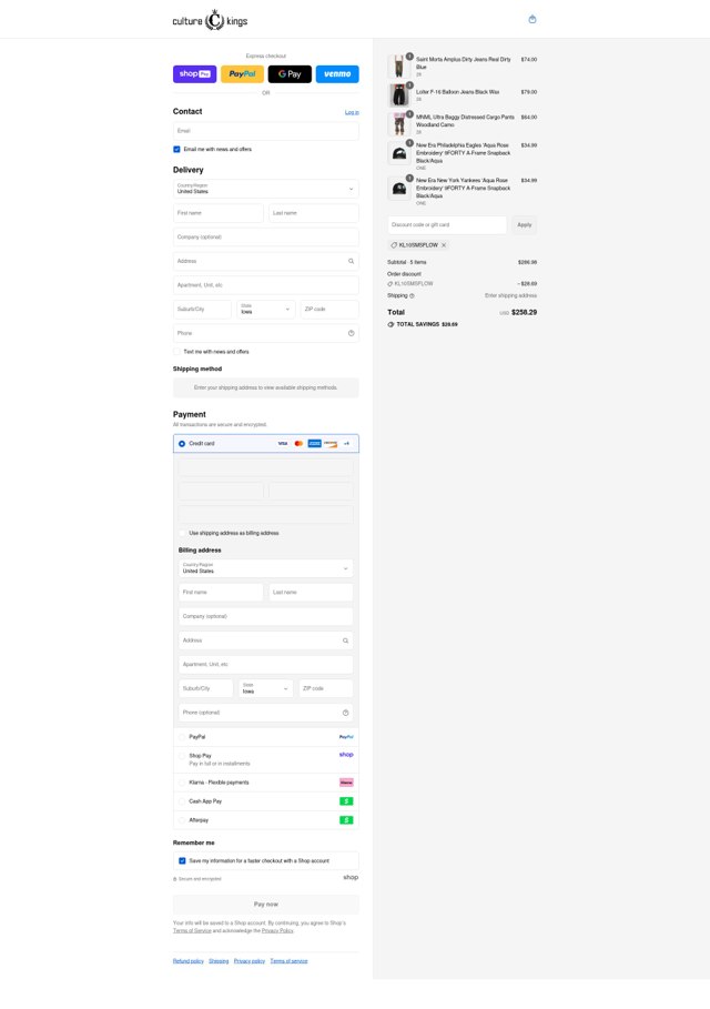 Culture Kings US checkout page showing Culture Kings US promo code box | Screenshot taken by SimplyCodes community member on Aug 25, 2025