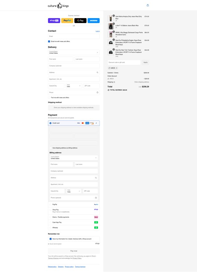 Culture Kings US checkout page showing Culture Kings US promo code box | Screenshot taken by SimplyCodes community member on Aug 25, 2025