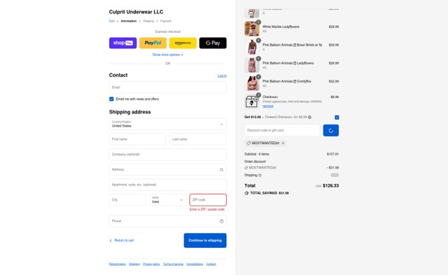 Culprit Underwear checkout page showing Culprit Underwear discount code box | Screenshot taken by SimplyCodes community member on Aug 27, 2025