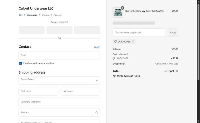 Culprit Underwear checkout page showing Culprit Underwear discount code box | Screenshot taken by SimplyCodes community member on Aug 29, 2025