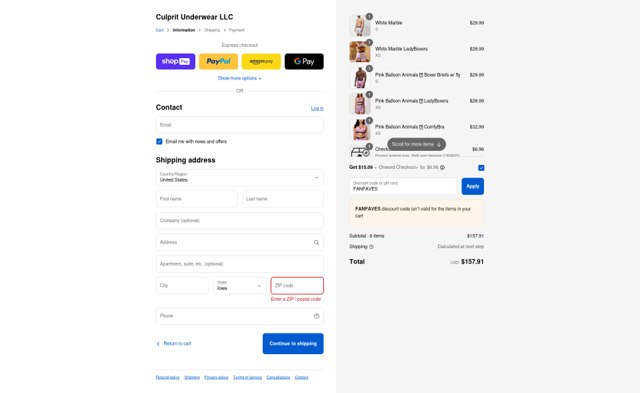 Culprit Underwear checkout page showing Culprit Underwear discount code box | Screenshot taken by SimplyCodes community member on Aug 27, 2025