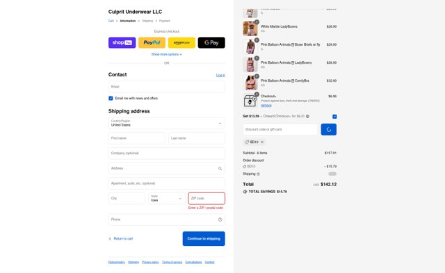 Culprit Underwear checkout page showing Culprit Underwear discount code box | Screenshot taken by SimplyCodes community member on Aug 27, 2025