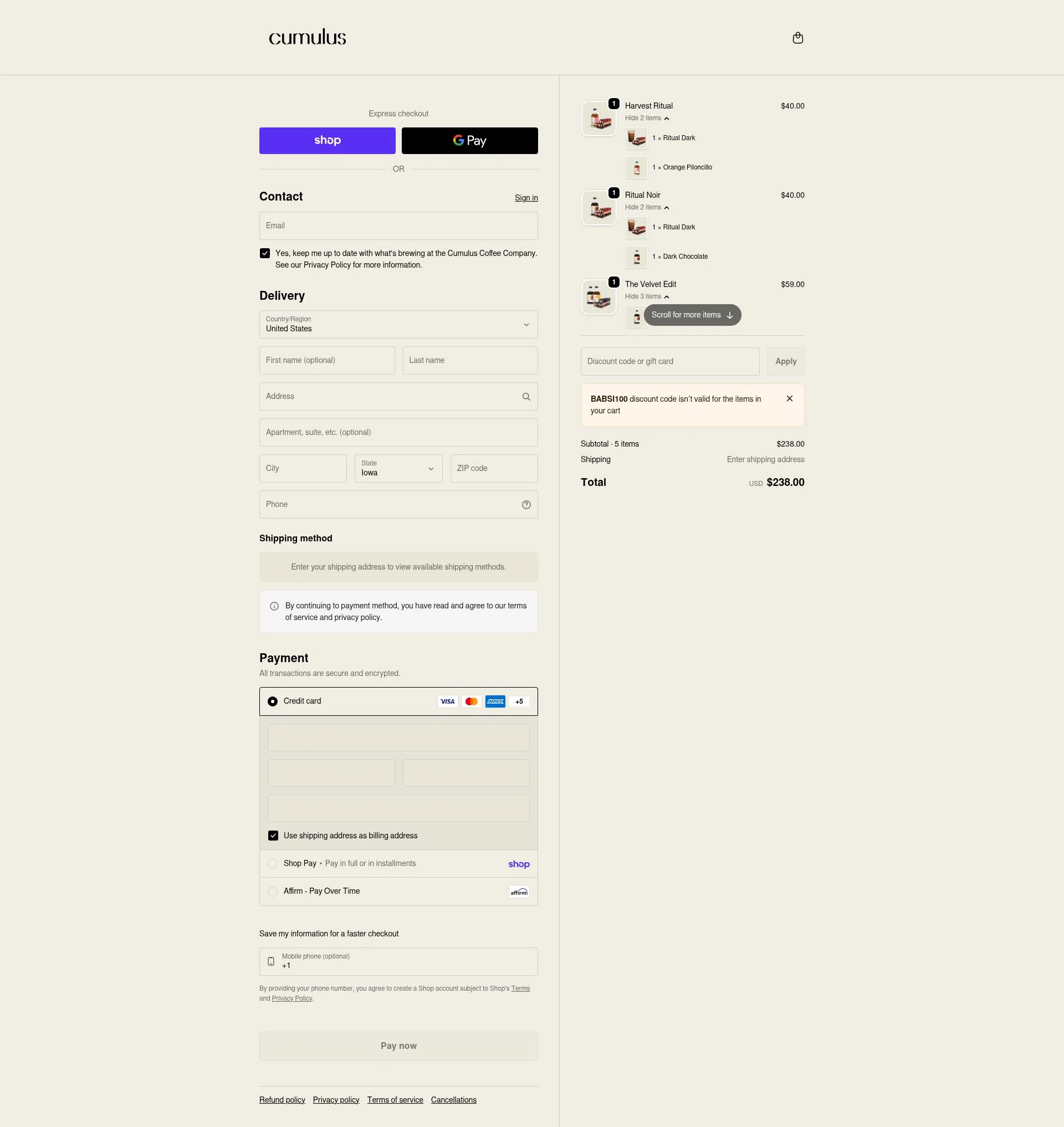 Cumulus Coffee checkout page showing Cumulus Coffee discount code box | Screenshot taken by SimplyCodes community member on Feb 4, 2026