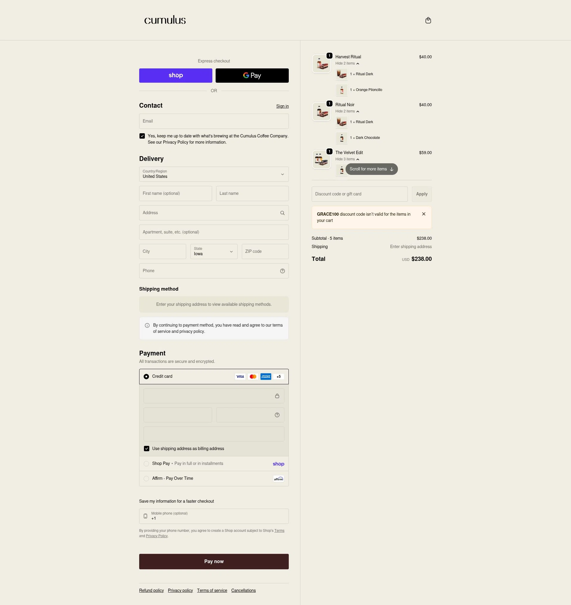 Cumulus Coffee checkout page showing Cumulus Coffee discount code box | Screenshot taken by SimplyCodes community member on Feb 4, 2026