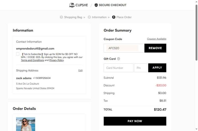 Cupshe checkout page showing Cupshe coupon code box | Screenshot taken by SimplyCodes community member on Aug 16, 2025
