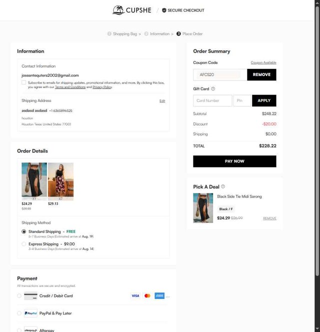 Cupshe checkout page showing Cupshe coupon code box | Screenshot taken by SimplyCodes community member on Aug 9, 2025