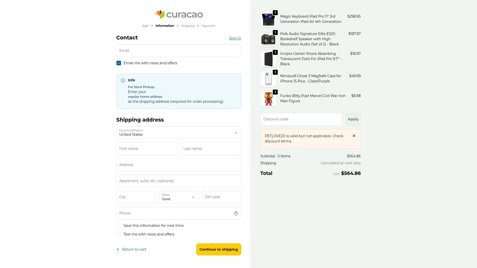 Curacao checkout page showing Curacao promo code box | Screenshot taken by SimplyCodes community member on Feb 5, 2026