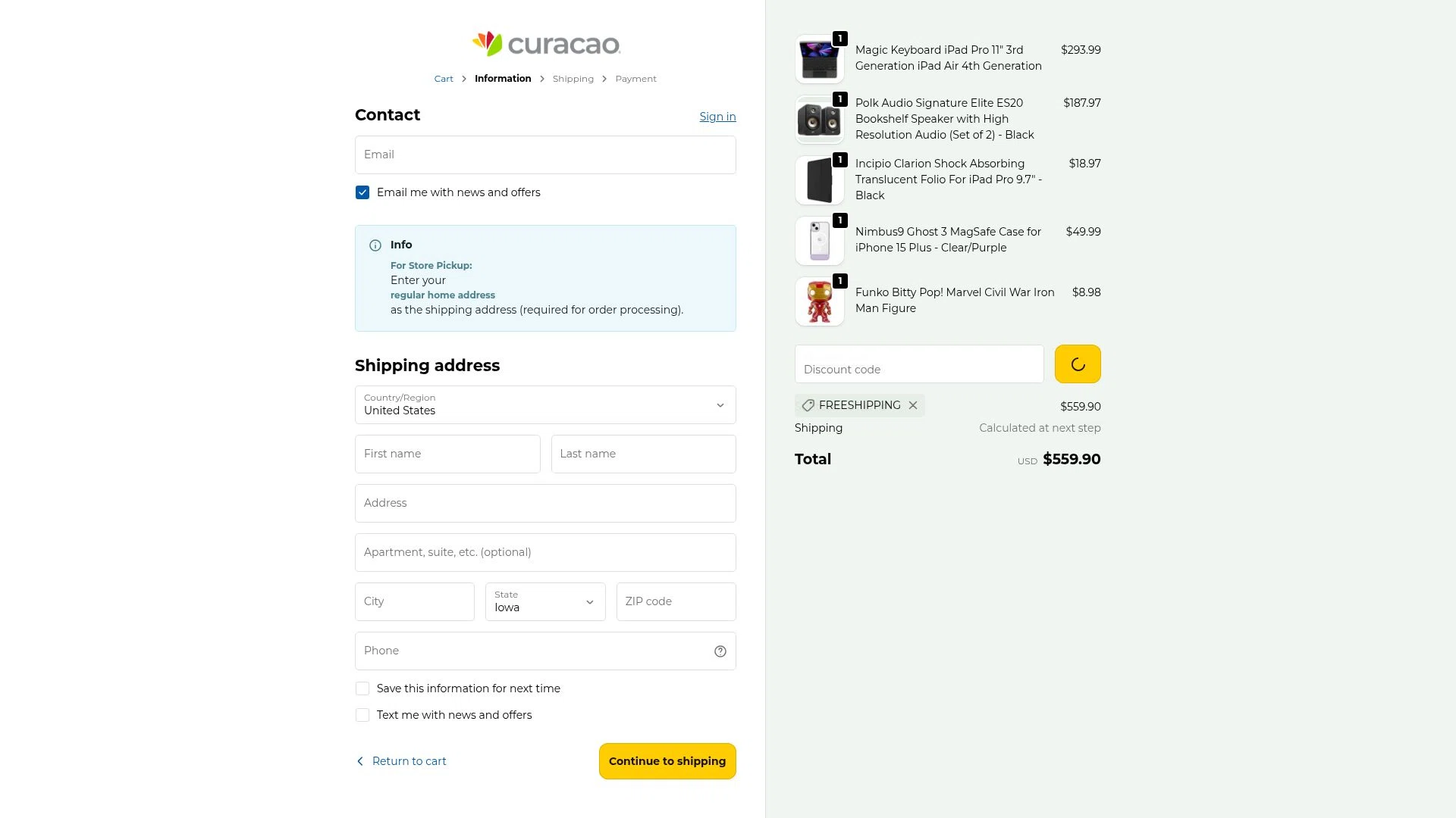 Curacao checkout page showing Curacao promo code box | Screenshot taken by SimplyCodes community member on Feb 9, 2026