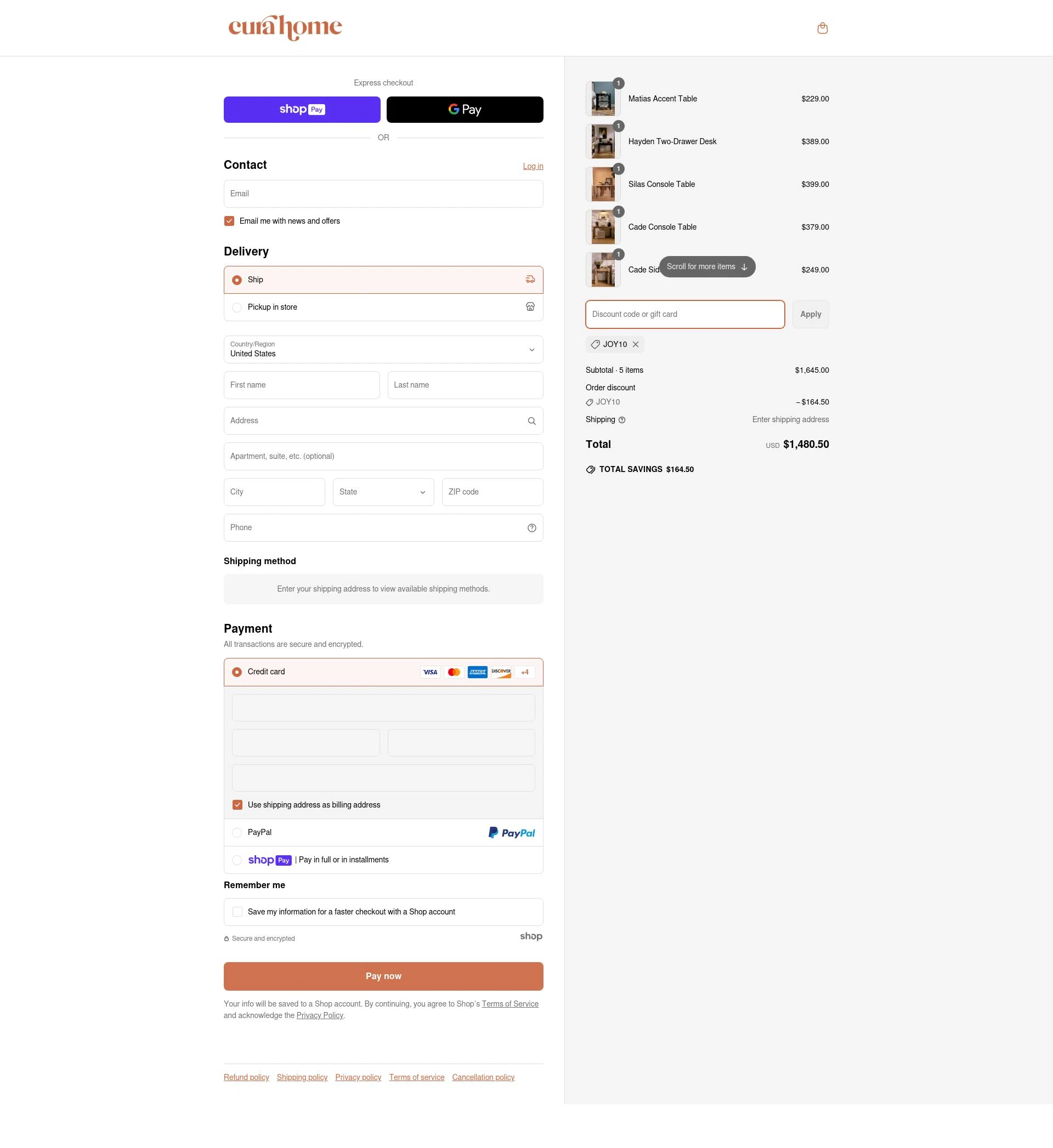 Cura Home checkout page showing Cura Home discount code box | Screenshot taken by SimplyCodes community member on Apr 27, 2025