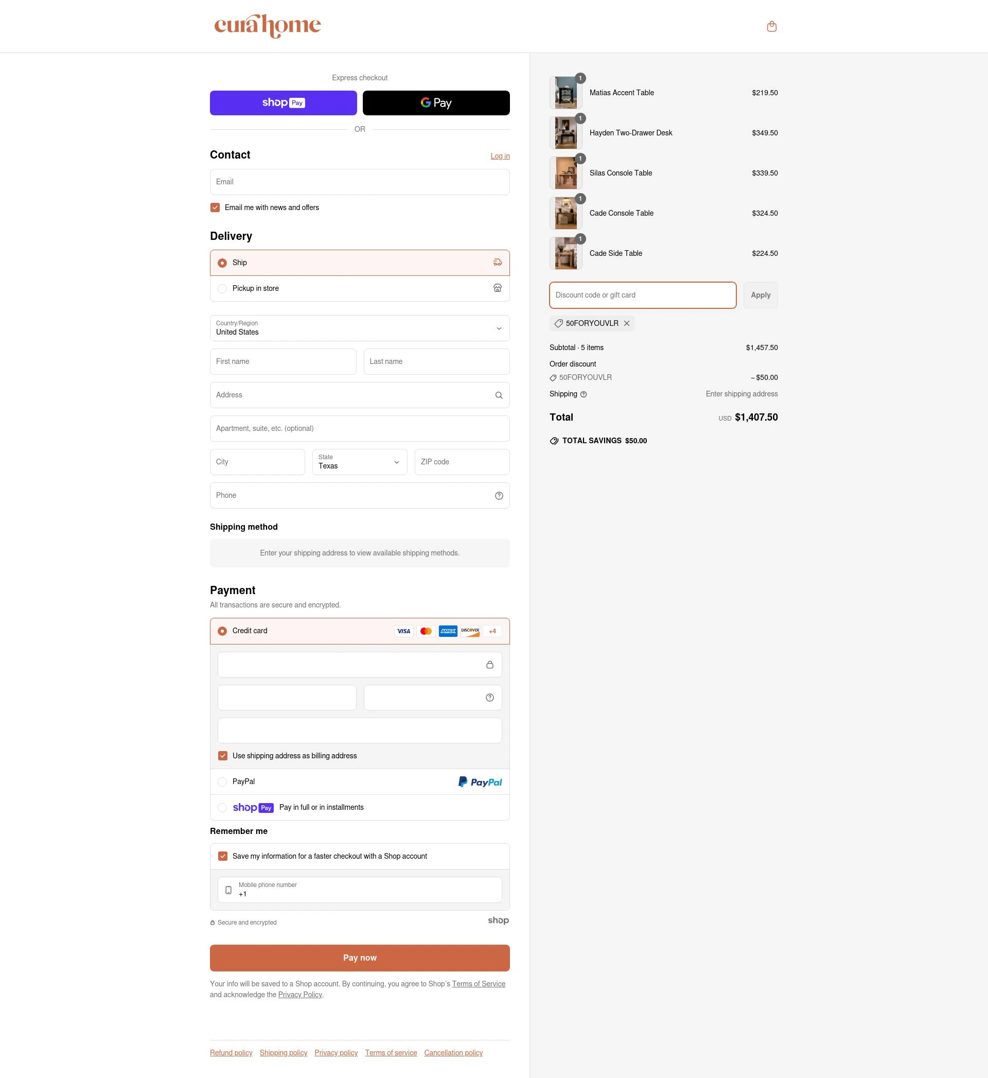 Cura Home checkout page showing Cura Home discount code box | Screenshot taken by SimplyCodes community member on May 17, 2025