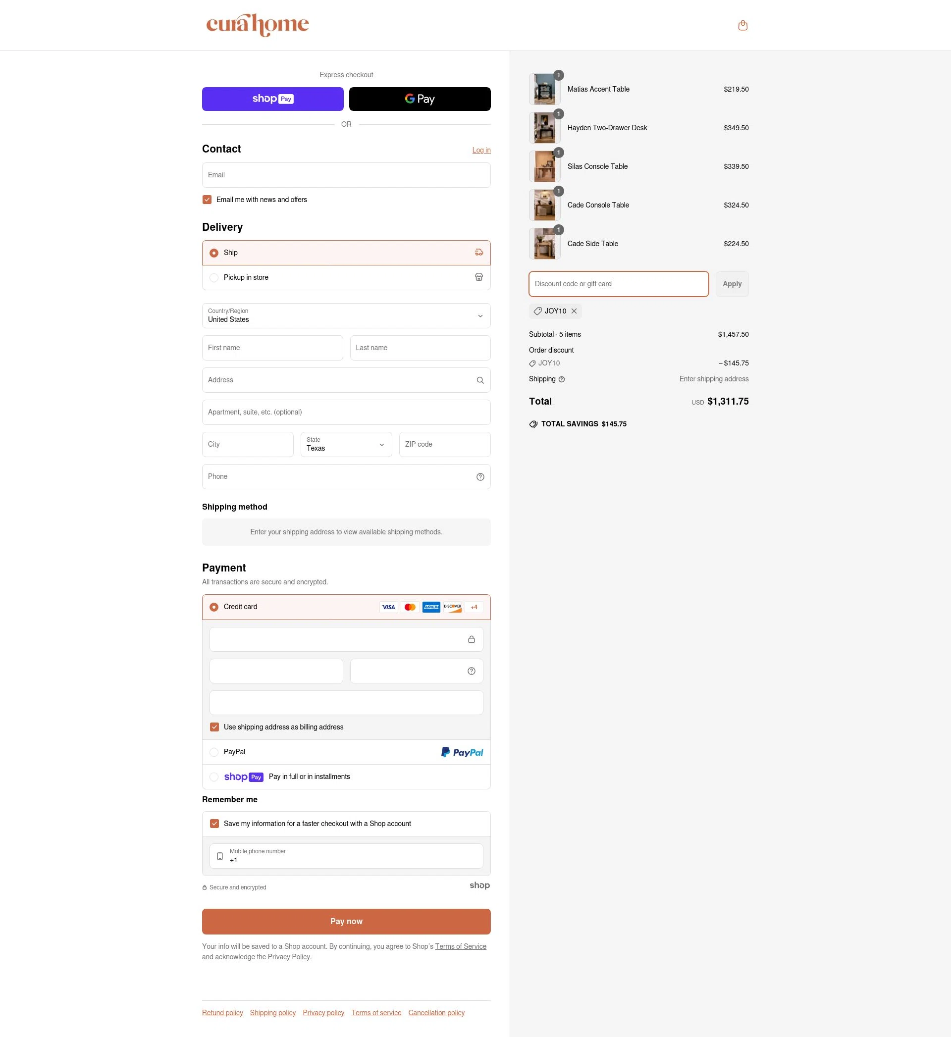 Cura Home checkout page showing Cura Home discount code box | Screenshot taken by SimplyCodes community member on May 17, 2025