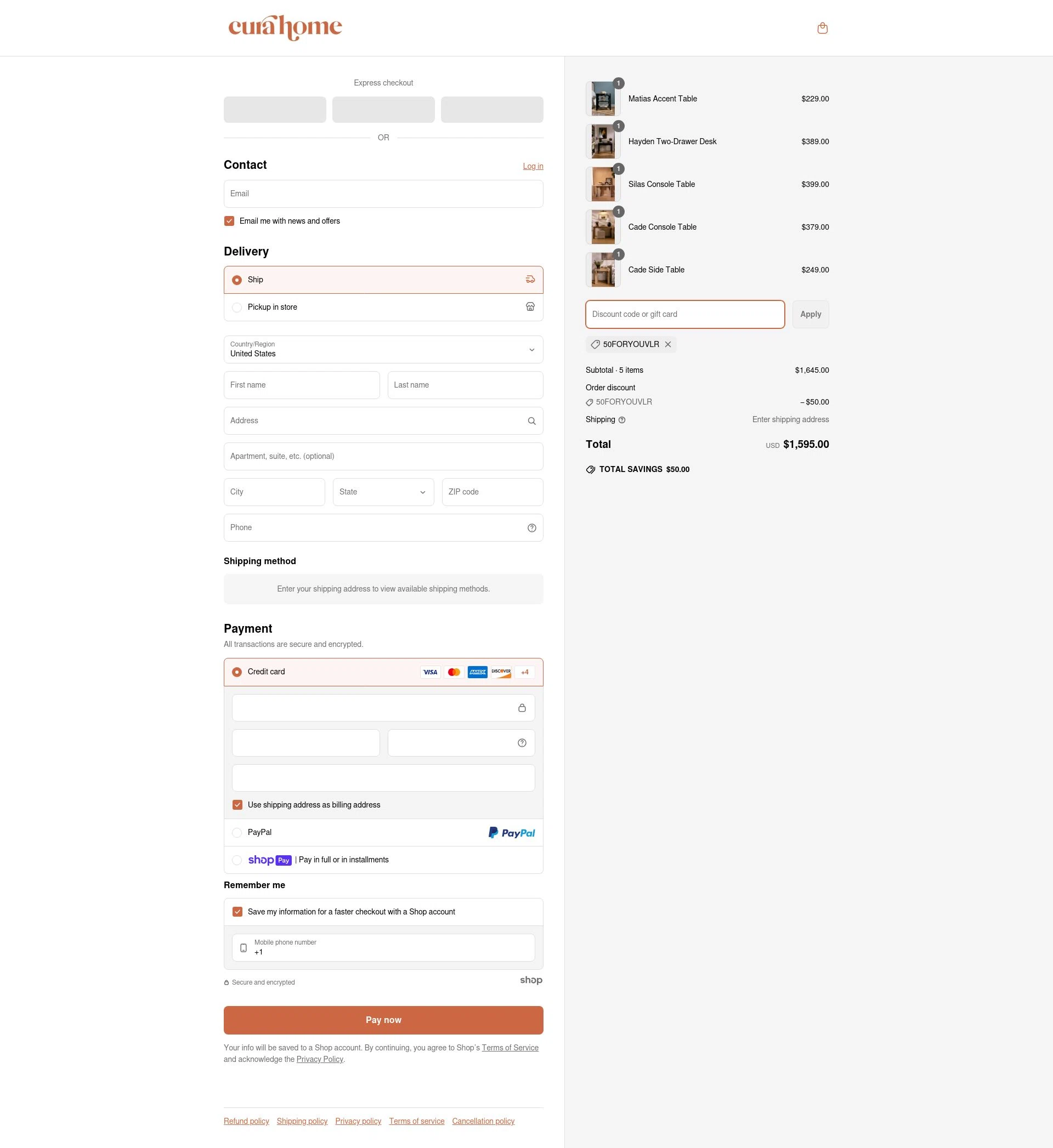 Cura Home checkout page showing Cura Home discount code box | Screenshot taken by SimplyCodes community member on Apr 27, 2025