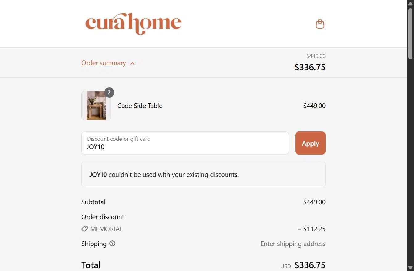 Cura Home checkout page showing Cura Home discount code box | Screenshot taken by SimplyCodes community member on May 25, 2025