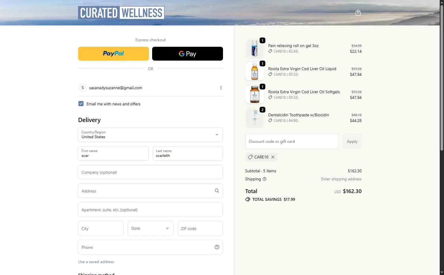 Curated Wellness checkout page showing Curated Wellness discount code box | Screenshot taken by SimplyCodes community member on Feb 2, 2026