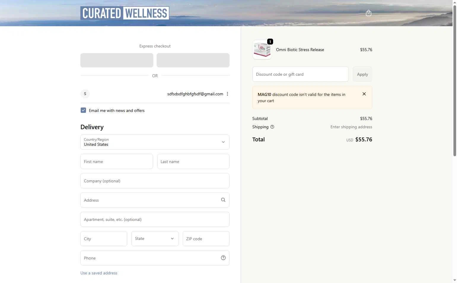 Curated Wellness checkout page showing Curated Wellness discount code box | Screenshot taken by SimplyCodes community member on Jan 19, 2026