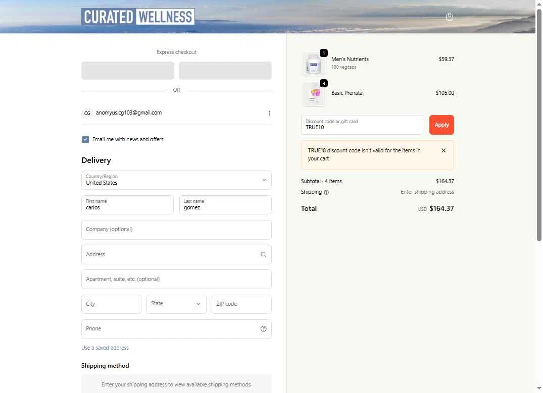 Curated Wellness checkout page showing Curated Wellness discount code box | Screenshot taken by SimplyCodes community member on Nov 17, 2025