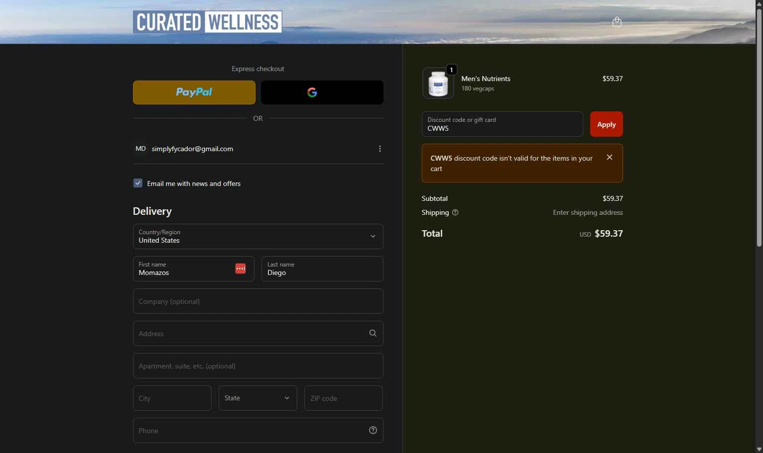 Curated Wellness checkout page showing Curated Wellness discount code box | Screenshot taken by SimplyCodes community member on Nov 11, 2025